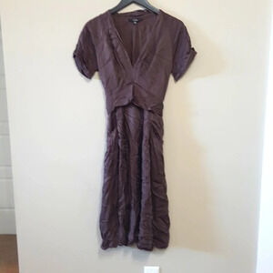 Stills brown satin v neck  feminine classic french style midi dress size 8